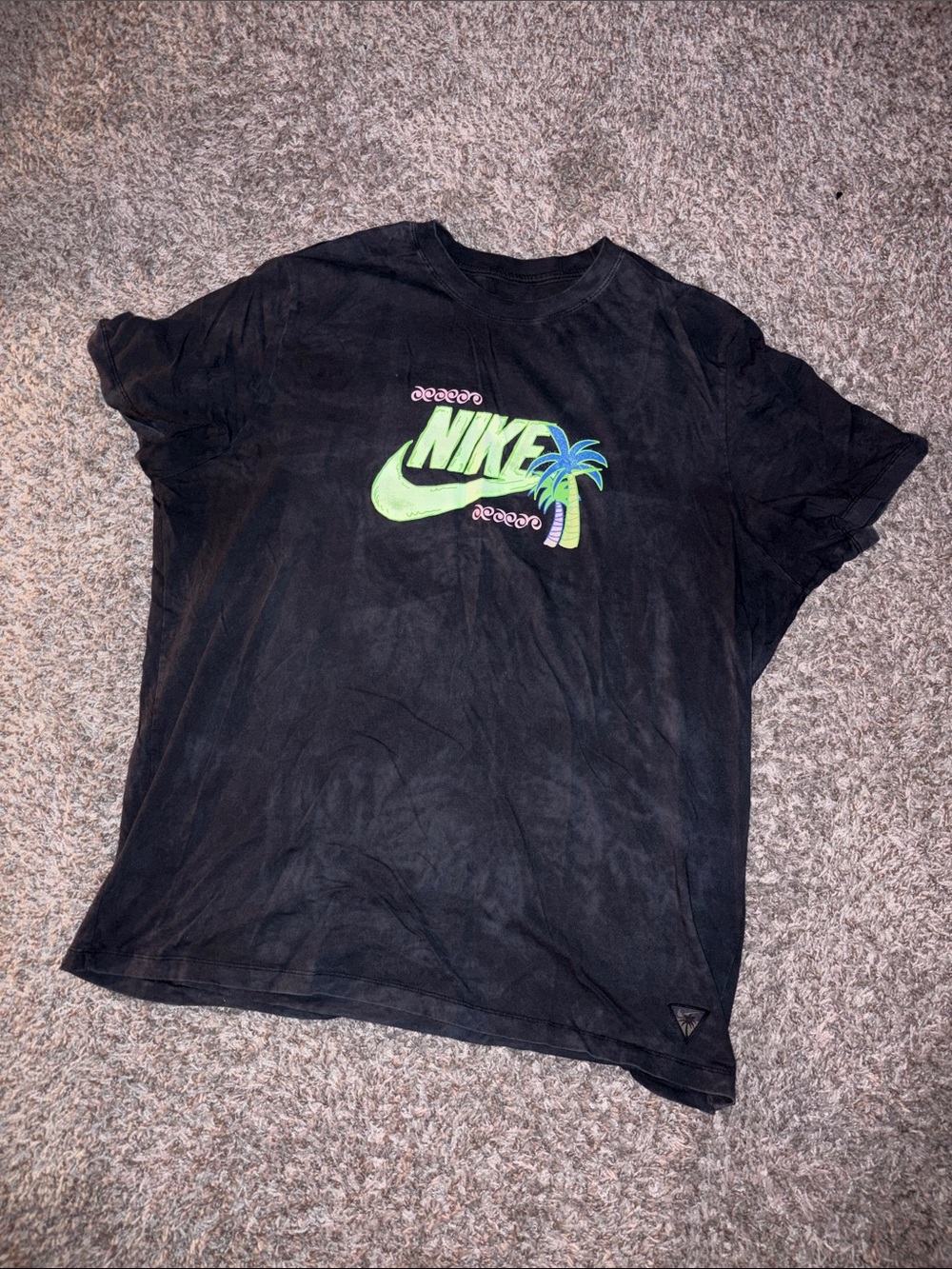 Nike Black Tee with Neon Green Swoosh and Blue Palm Motif